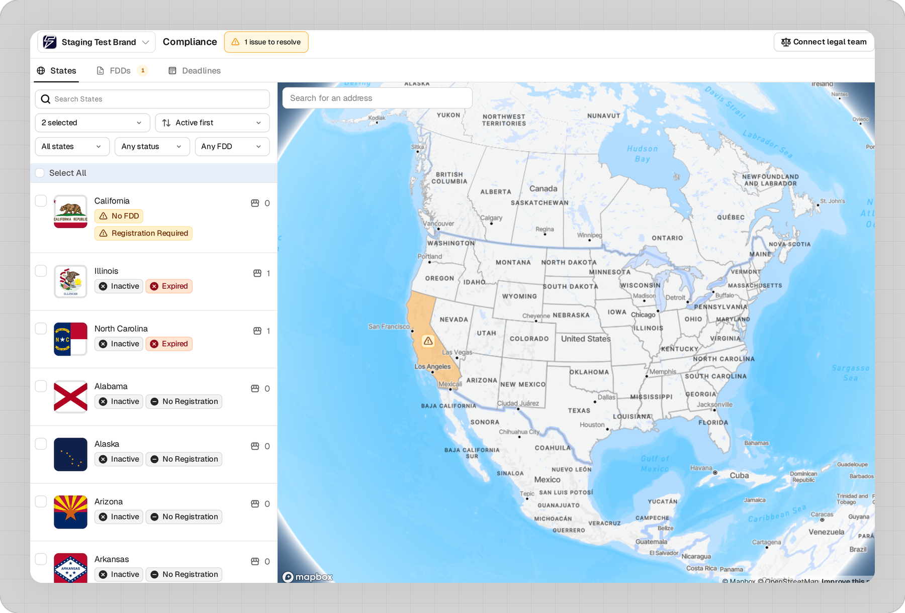 The Compliance page: the brand, the title, the issues chip, the three tabs, the state list on the left and the map on the right